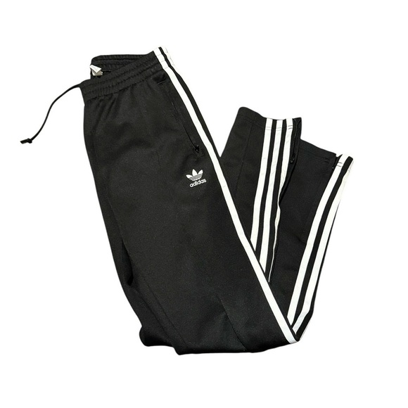 Women’s Adidas Pleated Track Pants Sz XS 3 Stripe Ankle Zip Joggers Black White - Picture 1 of 5